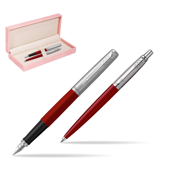 Zestaw Prezentowy Parker Pióro Wieczne + Długopis Jotter Originals Czerwony w różowym pudełku zamszowym
