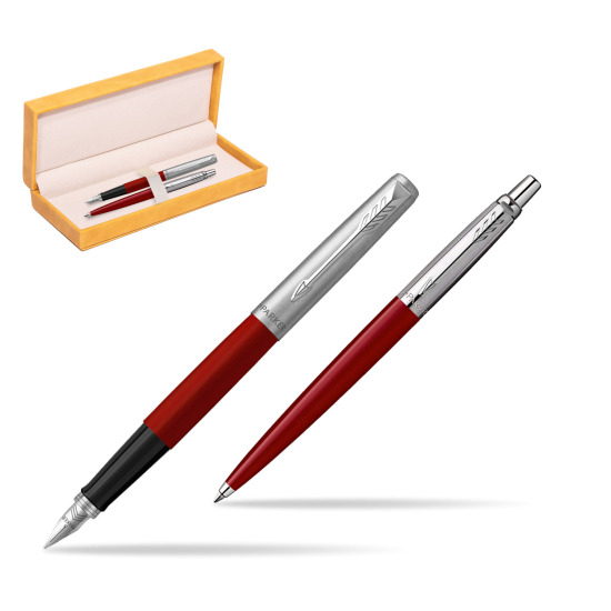 Zestaw Prezentowy Parker Pióro Wieczne + Długopis Jotter Originals Czerwony w żółtym pudełku zamszowym