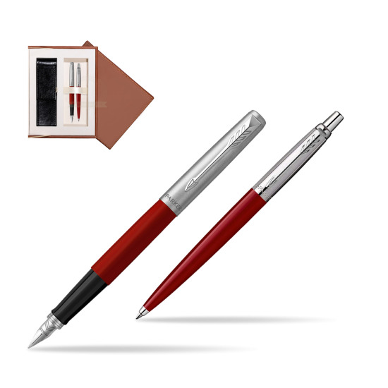 Zestaw Prezentowy Parker Pióro Wieczne + Długopis Jotter Originals Czerwony w brązowym pudełku zamszowym