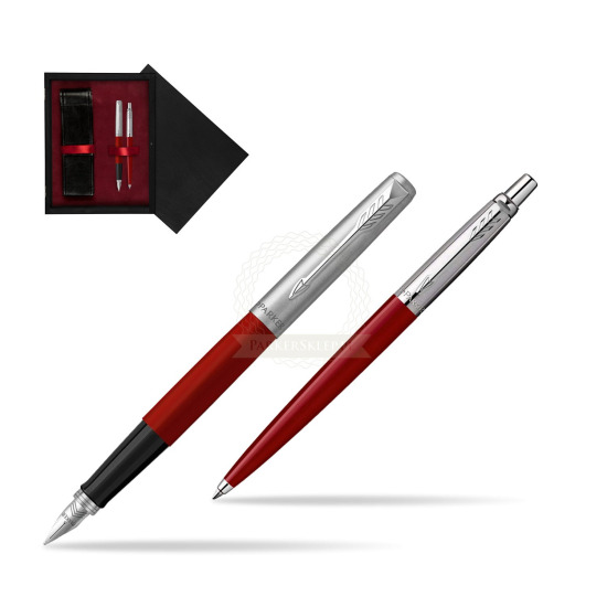 Zestaw Prezentowy Parker Pióro Wieczne + Długopis Jotter Originals Czerwony w pudełku drewnianym Czerń Double Bordo