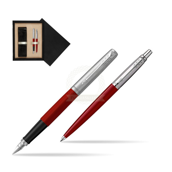 Zestaw Prezentowy Parker Pióro Wieczne + Długopis Jotter Originals Czerwony w pudełku drewnianym Czerń Double Ecru