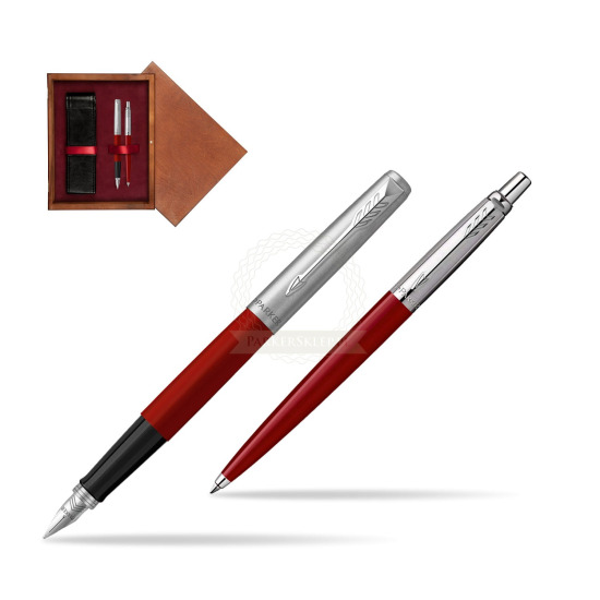 Zestaw Prezentowy Parker Pióro Wieczne + Długopis Jotter Originals Czerwony w pudełku drewnianym Mahoń Double Bordo