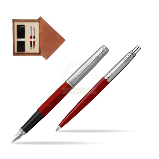 Zestaw Prezentowy Parker Pióro Wieczne + Długopis Jotter Originals Czerwony w pudełku drewnianym Mahoń Double Ecru