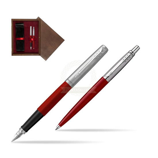 Zestaw Prezentowy Parker Pióro Wieczne + Długopis Jotter Originals Czerwony w pudełku drewnianym Wenge Double Bordo