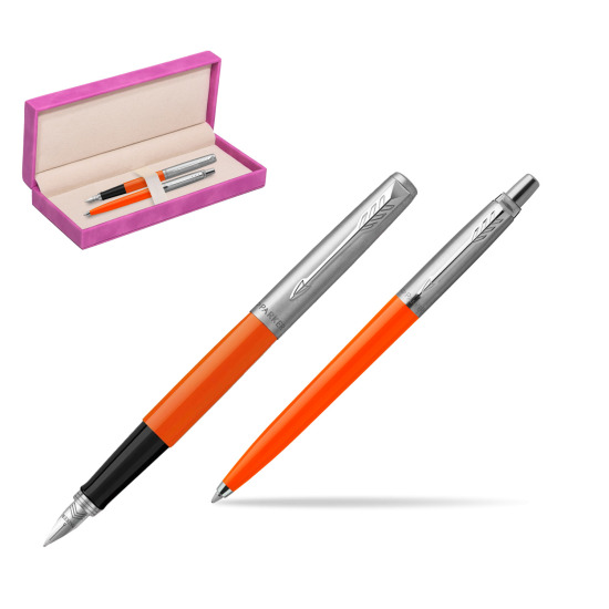Zestaw Prezentowy Parker Pióro Wieczne + Długopis Jotter Originals Orange w pudełku zamszowym fuksja
