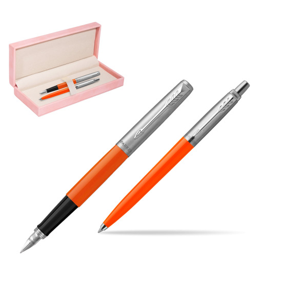 Zestaw Prezentowy Parker Pióro Wieczne + Długopis Jotter Originals Orange w różowym pudełku zamszowym