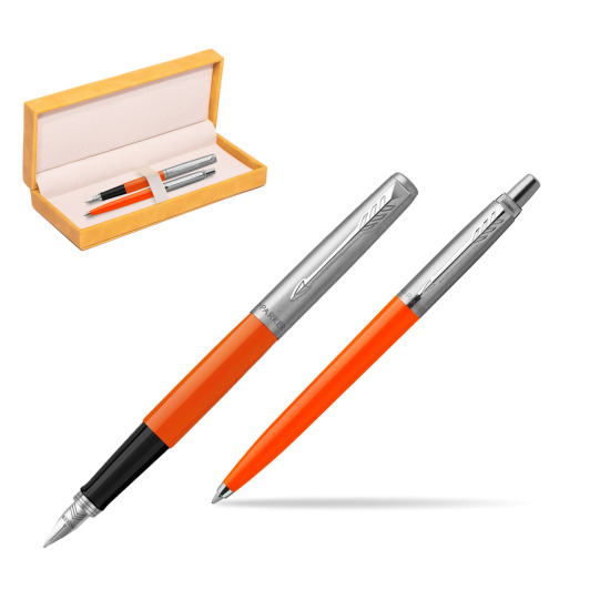 Zestaw Prezentowy Parker Pióro Wieczne + Długopis Jotter Originals Orange w żółtym pudełku zamszowym