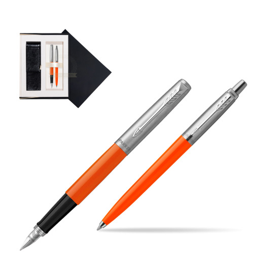 Zestaw Prezentowy Parker Pióro Wieczne + Długopis Jotter Originals Orange w czarnym pudełku zamszowym