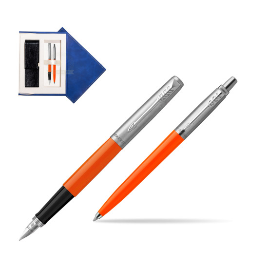Zestaw Prezentowy Parker Pióro Wieczne + Długopis Jotter Originals Orange w granatowym pudełku zamszowym