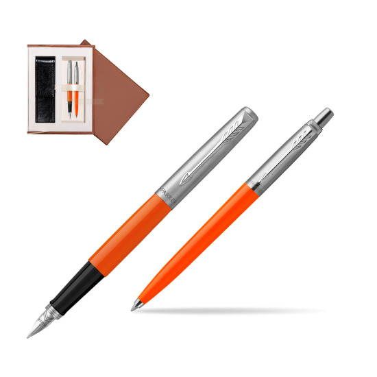 Zestaw Prezentowy Parker Pióro Wieczne + Długopis Jotter Originals Orange w brązowym pudełku zamszowym