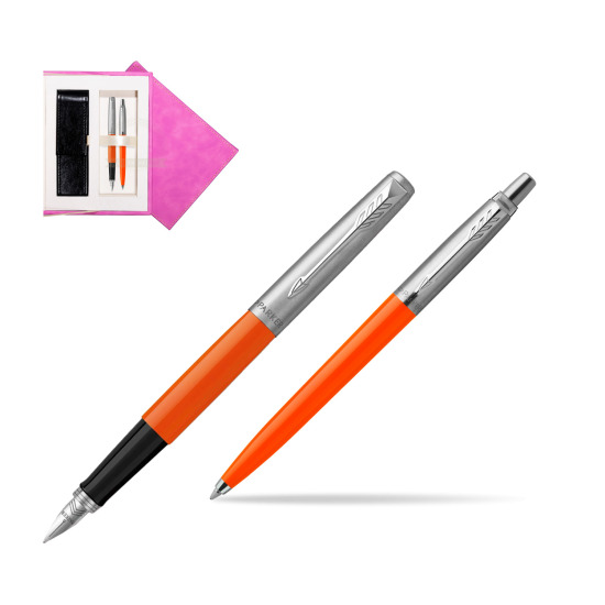 Zestaw Prezentowy Parker Pióro Wieczne + Długopis Jotter Originals Orange w pudełku zamszowym fuksja