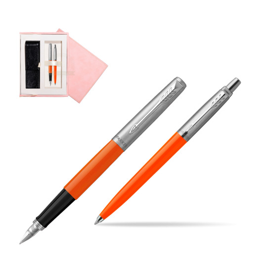 Zestaw Prezentowy Parker Pióro Wieczne + Długopis Jotter Originals Orange w różowym pudełku zamszowym