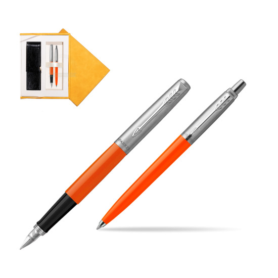 Zestaw Prezentowy Parker Pióro Wieczne + Długopis Jotter Originals Orange w żółtym pudełku zamszowym