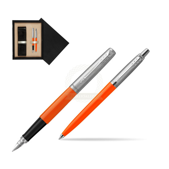 Zestaw Prezentowy Parker Pióro Wieczne + Długopis Jotter Originals Orange w pudełku drewnianym Czerń Double Ecru