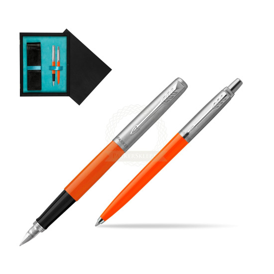 Zestaw Prezentowy Parker Pióro Wieczne + Długopis Jotter Originals Orange w pudełku drewnianym Czerń Double Turkus