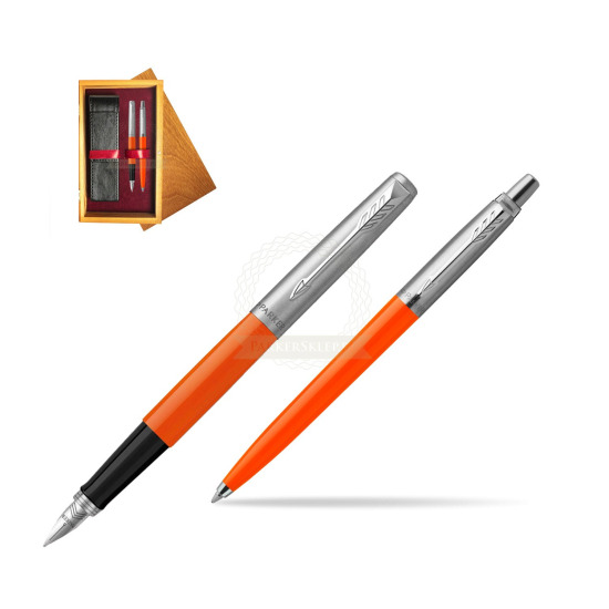 Zestaw Prezentowy Parker Pióro Wieczne + Długopis Jotter Originals Orange w pudełku drewnianym Honey Double Bordo