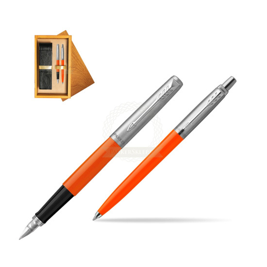 Zestaw Prezentowy Parker Pióro Wieczne + Długopis Jotter Originals Orange w pudełku drewnianym Honey Double Ecru