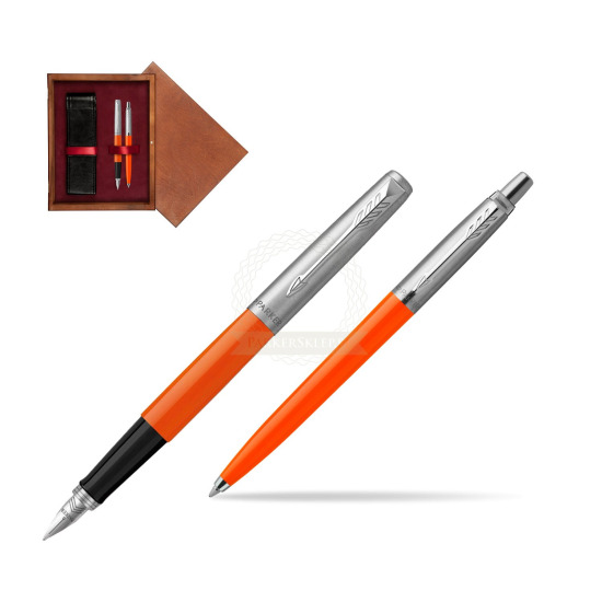 Zestaw Prezentowy Parker Pióro Wieczne + Długopis Jotter Originals Orange w pudełku drewnianym Mahoń Double Bordo