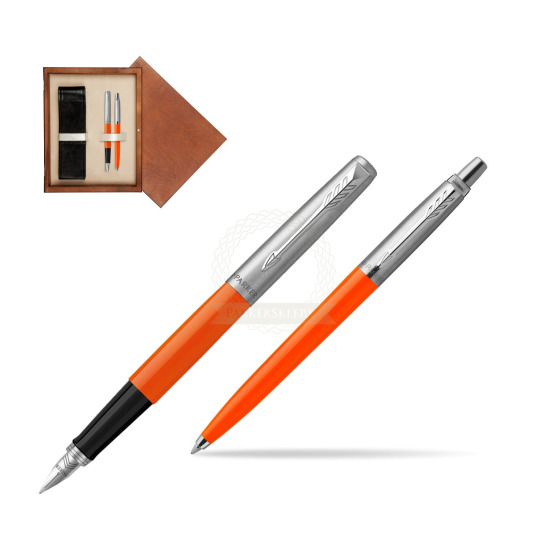 Zestaw Prezentowy Parker Pióro Wieczne + Długopis Jotter Originals Orange w pudełku drewnianym Mahoń Double Ecru