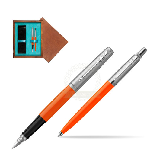 Zestaw Prezentowy Parker Pióro Wieczne + Długopis Jotter Originals Orange w pudełku drewnianym Mahoń Double Turkus