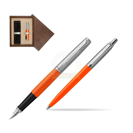 Zestaw Prezentowy Parker Pióro Wieczne + Długopis Jotter Originals Orange w pudełku drewnianym Wenge Double Ecru