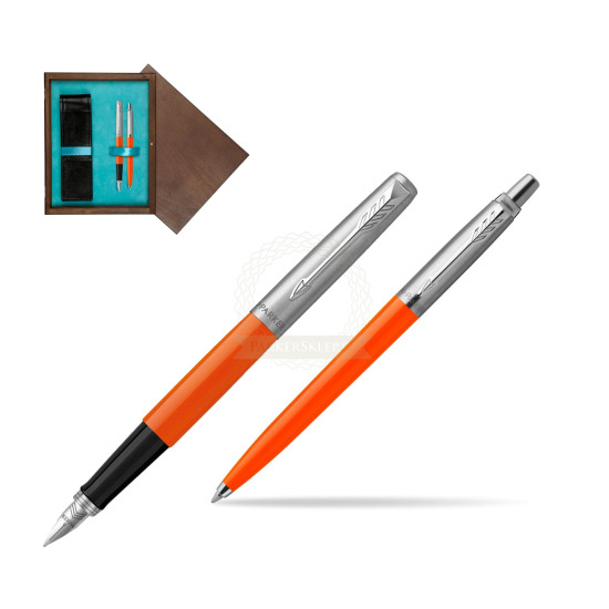 Zestaw Prezentowy Parker Pióro Wieczne + Długopis Jotter Originals Orange w pudełku drewnianym Wenge Double Turkus