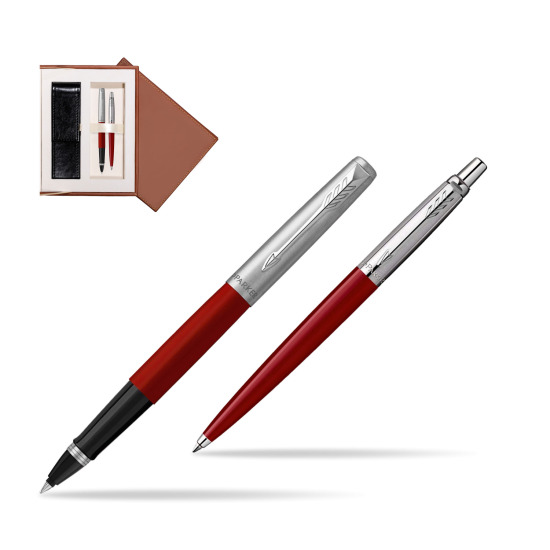Zestaw Prezentowy Parker Pióro Kulkowe + Długopis Jotter Originals Czerwony w brązowym pudełku zamszowym
