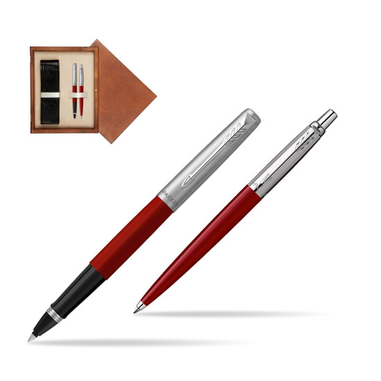 Zestaw Prezentowy Parker Pióro Kulkowe + Długopis Jotter Originals Czerwony w pudełku drewnianym Mahoń Double Ecru