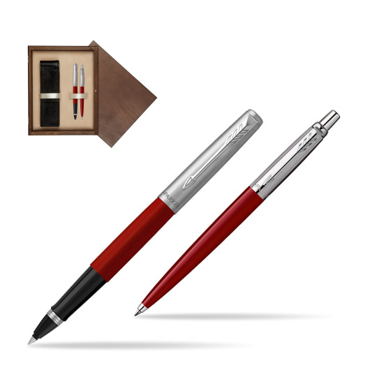Zestaw Prezentowy Parker Pióro Kulkowe + Długopis Jotter Originals Czerwony w pudełku drewnianym Wenge Double Ecru