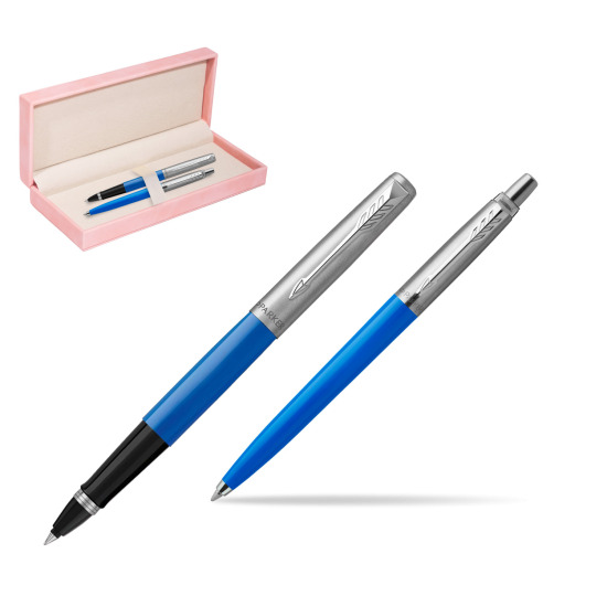 Zestaw Prezentowy Parker Pióro Kulkowe + Długopis Jotter Originals Niebieski w różowym pudełku zamszowym