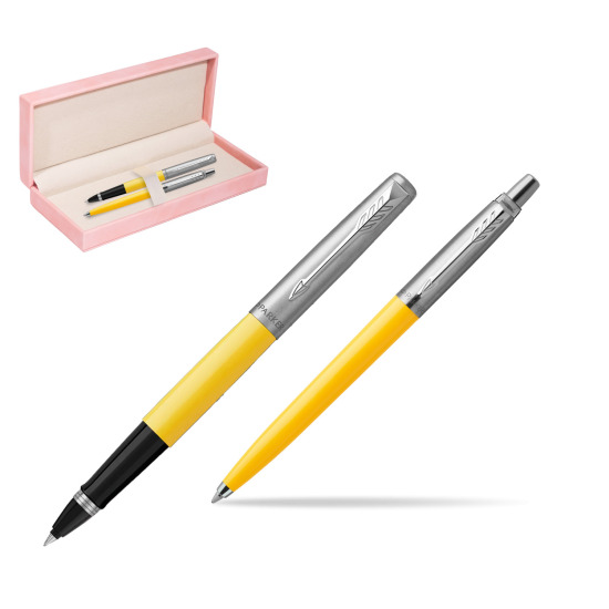 Zestaw Prezentowy Parker Pióro Kulkowe + Długopis Jotter Originals Żółty w różowym pudełku zamszowym