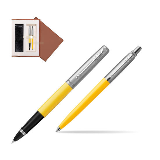 Zestaw Prezentowy Parker Pióro Kulkowe + Długopis Jotter Originals Żółty w brązowym pudełku zamszowym