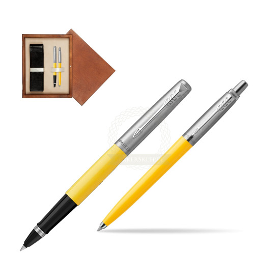 Zestaw Prezentowy Parker Pióro Kulkowe + Długopis Jotter Originals Żółty w pudełku drewnianym Mahoń Double Ecru