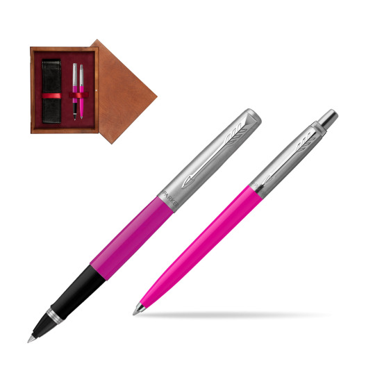 Zestaw Prezentowy Parker Pióro Kulkowe + Długopis Jotter Originals Magenta w pudełku drewnianym Mahoń Double Bordo