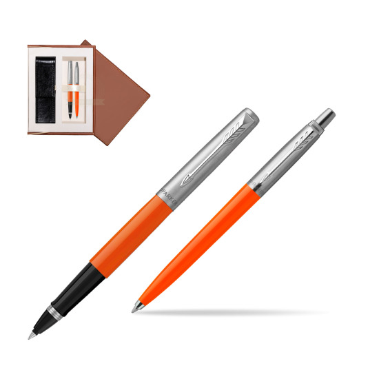 Zestaw Prezentowy Parker Pióro Kulkowe + Długopis Jotter Originals Orange w brązowym pudełku zamszowym