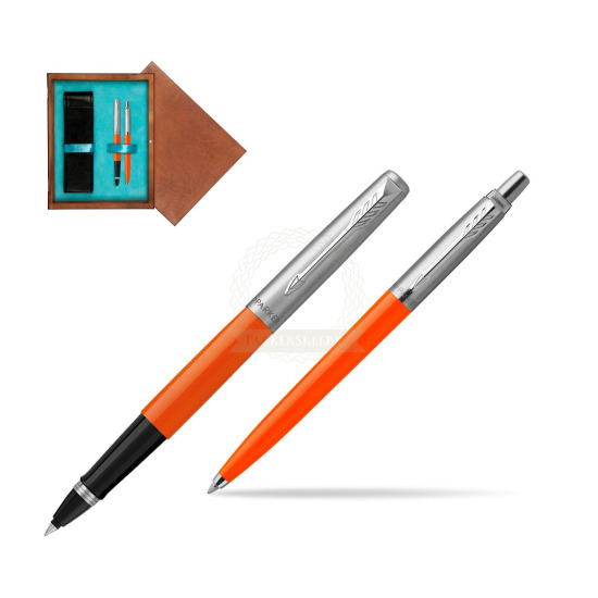Zestaw Prezentowy Parker Pióro Kulkowe + Długopis Jotter Originals Orange w pudełku drewnianym Mahoń Double Turkus
