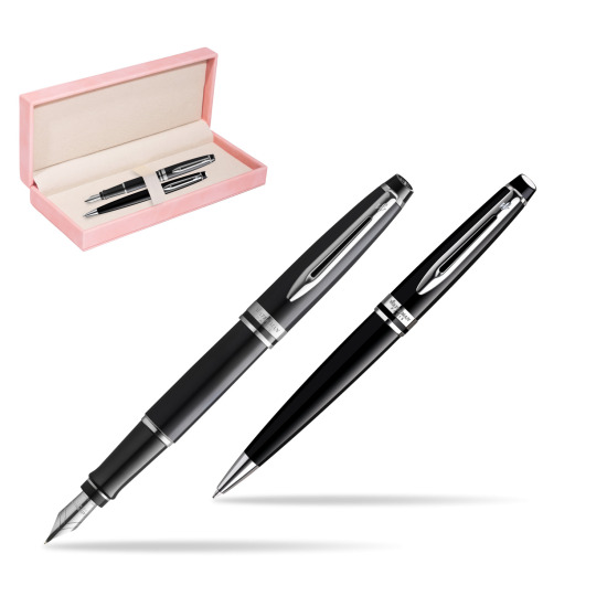 Zestaw prezentowy pióro wieczne + długopis Waterman Expert Czarny CT Złota stalówka 18k w różowym pudełku zamszowym