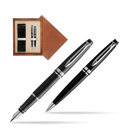 Zestaw prezentowy pióro wieczne + długopis Waterman Expert Czarny CT Złota stalówka 18k w pudełku drewnianym Mahoń Double Ecru