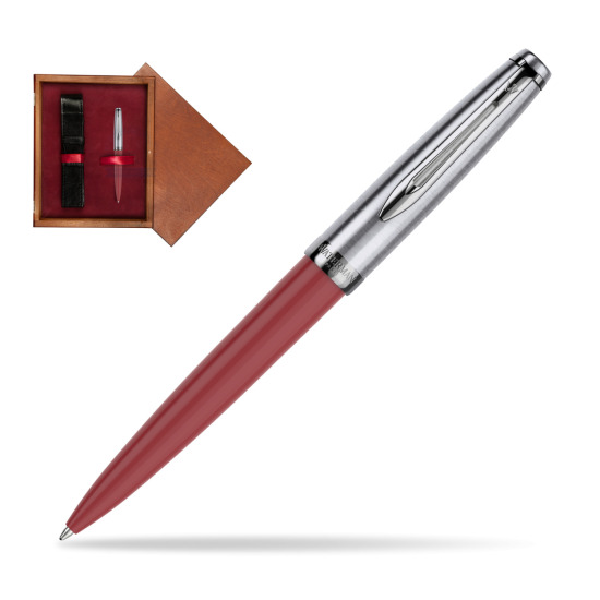 Długopis Waterman Embleme Core Czerwony w pudełku drewnianym Mahoń Single Bordo