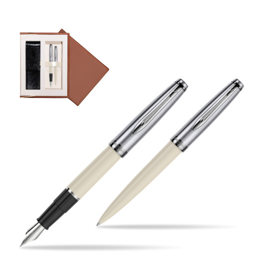 Zestaw prezentowy pióro wieczne +długopis Waterman Embleme Ecru w brązowym pudełku zamszowym