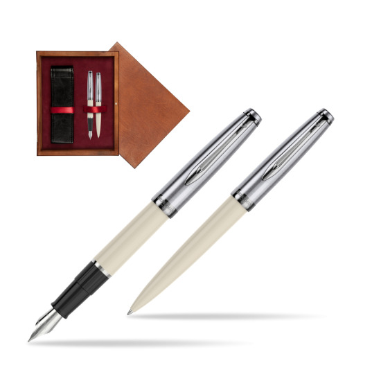 Zestaw prezentowy pióro wieczne +długopis Waterman Embleme Ecru w pudełku drewnianym Mahoń Double Bordo