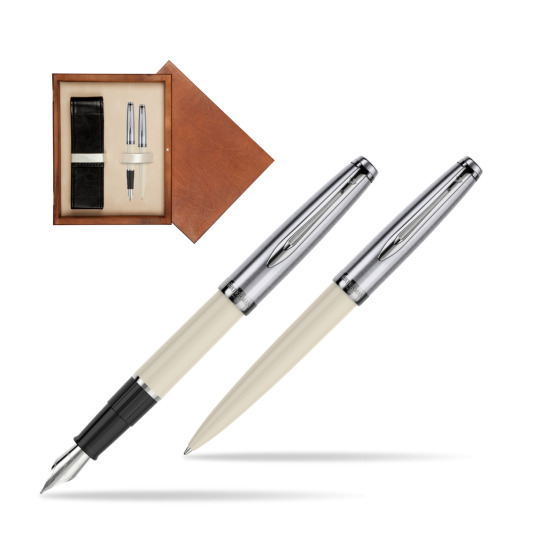 Zestaw prezentowy pióro wieczne +długopis Waterman Embleme Ecru w pudełku drewnianym Mahoń Double Ecru