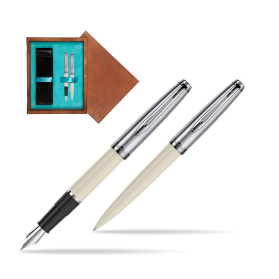Zestaw prezentowy pióro wieczne +długopis Waterman Embleme Ecru w pudełku drewnianym Mahoń Double Turkus