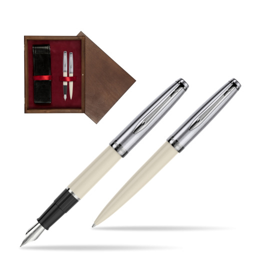 Zestaw prezentowy pióro wieczne +długopis Waterman Embleme Ecru w pudełku drewnianym Wenge Double Bordo