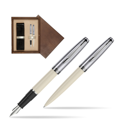 Zestaw prezentowy pióro wieczne +długopis Waterman Embleme Ecru w pudełku drewnianym Wenge Double Ecru