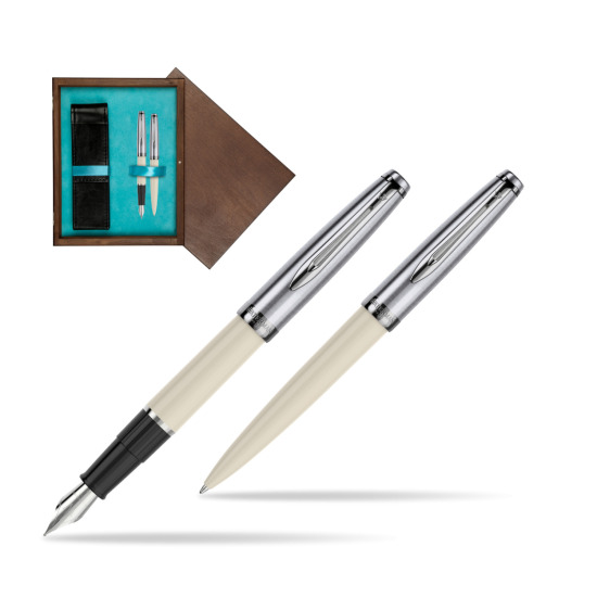 Zestaw prezentowy pióro wieczne +długopis Waterman Embleme Ecru w pudełku drewnianym Wenge Double Turkus