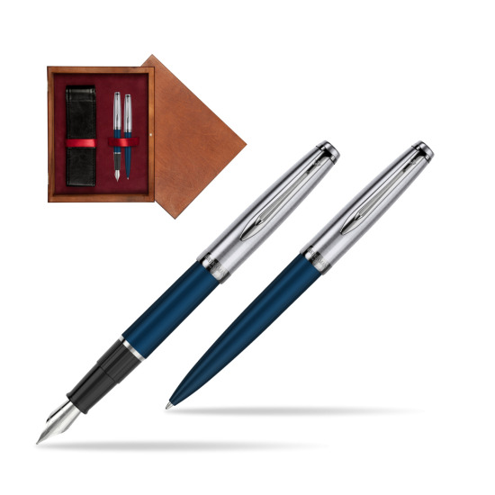 Zestaw prezentowy pióro wieczne +długopis Waterman Embleme Granatowy w pudełku drewnianym Mahoń Double Bordo