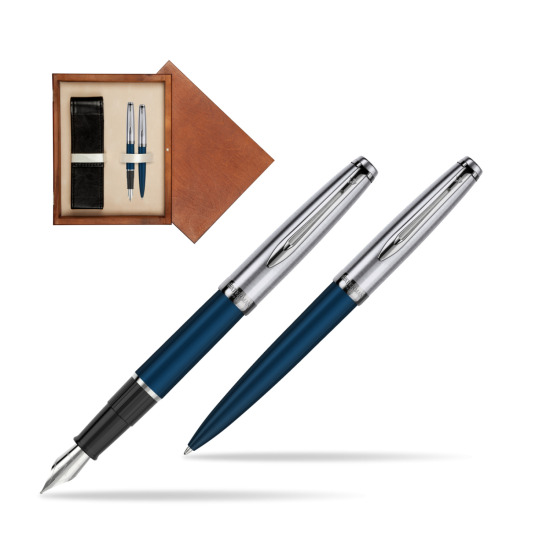Zestaw prezentowy pióro wieczne +długopis Waterman Embleme Granatowy w pudełku drewnianym Mahoń Double Ecru