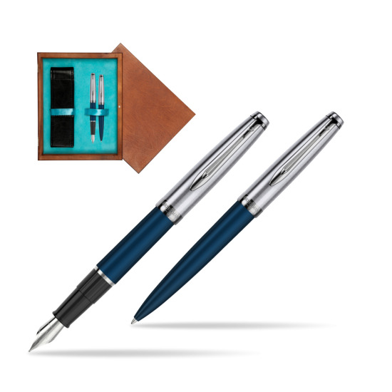 Zestaw prezentowy pióro wieczne +długopis Waterman Embleme Granatowy w pudełku drewnianym Mahoń Double Turkus
