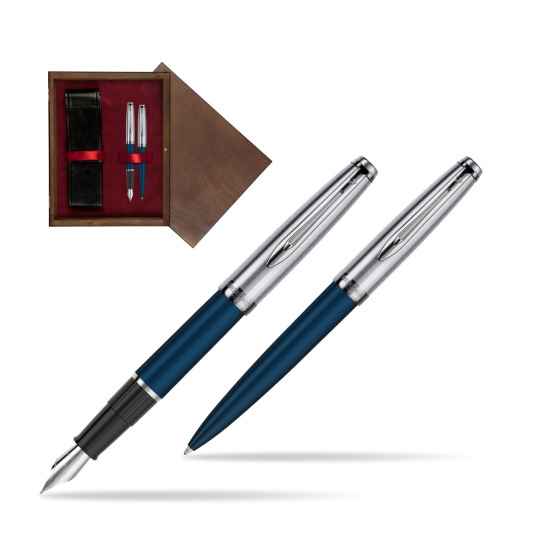 Zestaw prezentowy pióro wieczne +długopis Waterman Embleme Granatowy w pudełku drewnianym Wenge Double Bordo
